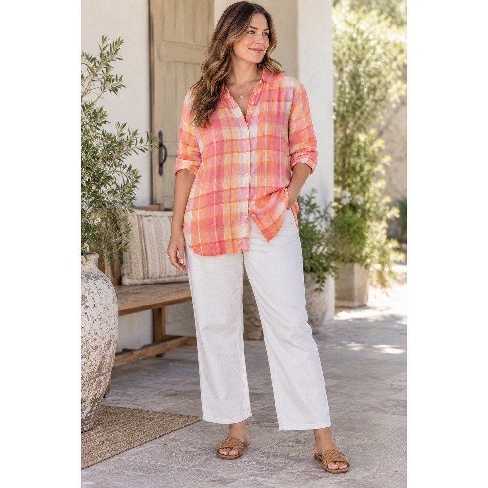 Cherokee Womens XL Pink Orange Plaid 100% Linen Button Down Shirt Long Sleeve